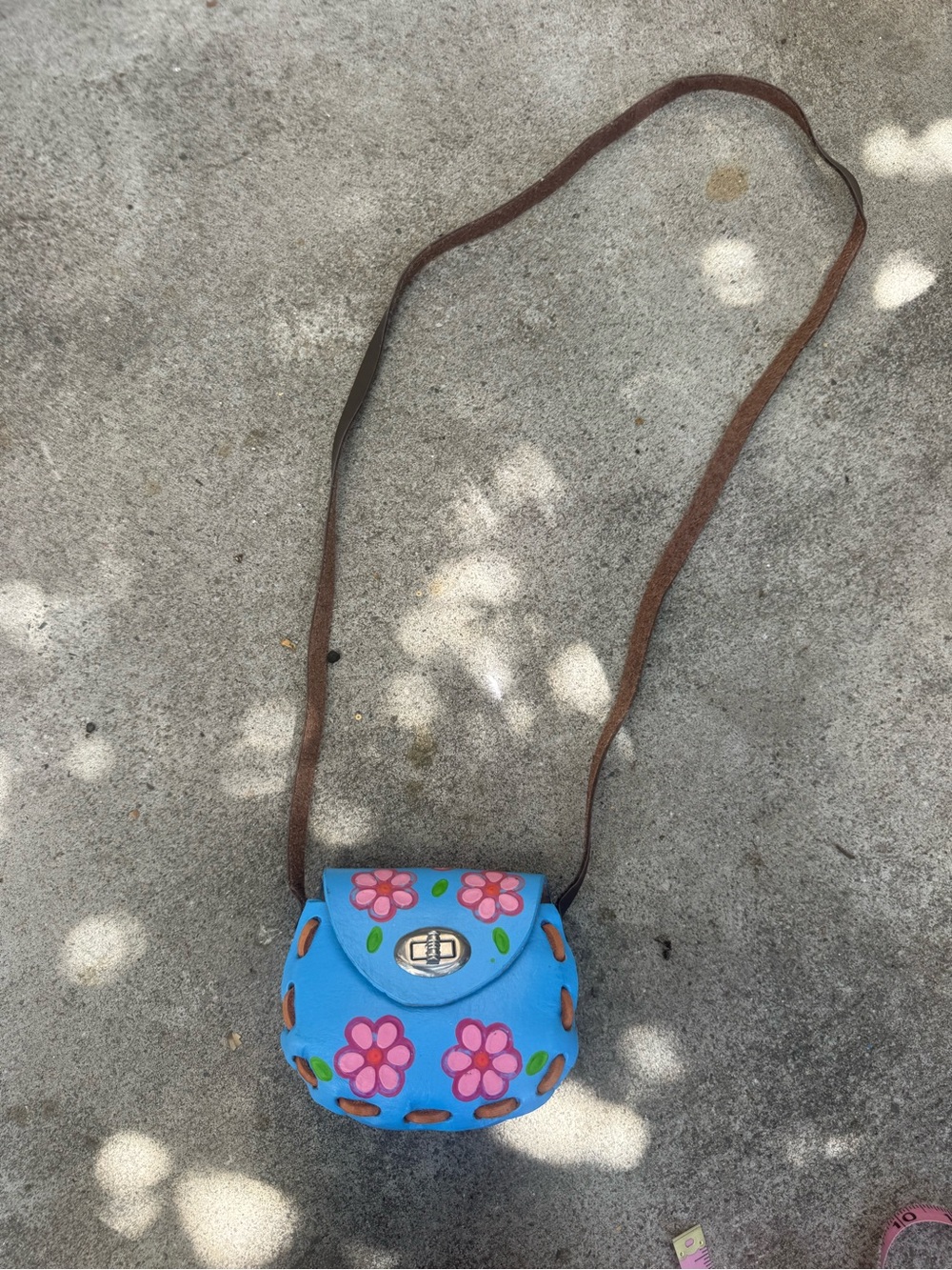 Blue Floral Crossbody Bag with Brown Strap